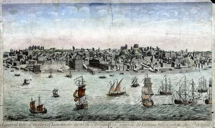 Generelt billede af Lissabon, Portugals hovedstad - gravering
