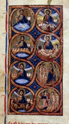 Genesis: repræsentation af de forskellige stadier af verdens skabelse (kosmogoni). Miniature fra et manuskript "Universal History""" 1200-tallet. Dijon kommunale bibliotek