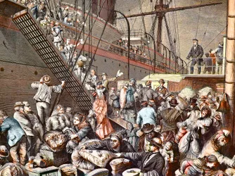 Tyske emigranter til New York, der går om bord på Hamborg dampskib i 1874, gravering - (Deutsche Emigranten)