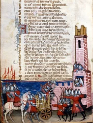 Heltekvad: kampscene nær en befæstet by. Karl den Stores tropper (742-814) kæmpede mod maurerne i Spanien. Miniature fra det fransk-italienske manuskript „Entrée d