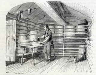Gruyère ostebutik i en schweizisk hytte (vasker skorpen) - i "" Industriens vidundere"" af Louis Figuier