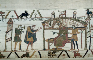 Harold, der vendte tilbage til England efter sin ambassade hos hertugen Vilhelm Erobreren (1027-1087), reciterede sin rejse til kong Edvard Confessor Detalje af Bayeux-tapetet eller Broderi af Dronning Mathilde