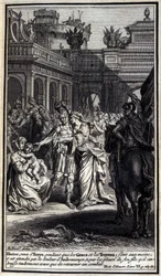Hector, som kom til Troyes, mens grækerne og trojanerne var i deres hænder, var plaget af Andromaques smerte og af gråden fra sin søn, som han kyssede ømt, før han vendte tilbage til kampen. Illustration af bog VI af Iliaden af Homere, Fren