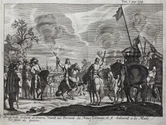 Henri, greve af Brederode (Hendrik Graaf van Brederode) (1531-1568), forlader Antwerpen (Holland, Holland), kommer til fronten af Vilhelm I af Orange-Nassau (Orange Nassau), Prins af Orange (eller Guillaume Taciturn)