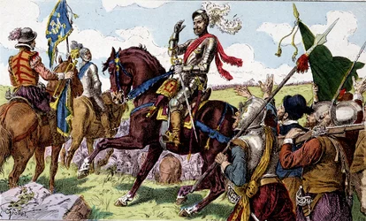 Henrik IV (1553 - 1610) ved slaget ved Ivry (= Ivry slaget i Normandiet) i 1590. Børnebilleder fra det 19. århundrede.