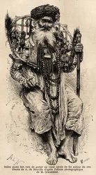 Hindu lovede at bære en stor cirkel af jern om halsen. Gravering til illustration af rejsen i Indiens meridionalprovinser, af Alfred Grandidier, i 1862-1864, udgivet i "" le tour du monde", under ledelse af D