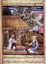 Hinduisme: repræsentation af en santon, der giver almisse. Miniature fra et manuskript fra 1400-tallet.