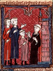 Den kanoniske lovs historie: "" To forældre tager deres søn til et kloster""" Miniature taget fra "Decret de Gratien"" ("Concordia discordantium canonum" eller "Decretum Gratiani") fra 1140 og regulerer love og kanoner i romersk-katolske kirke. 1