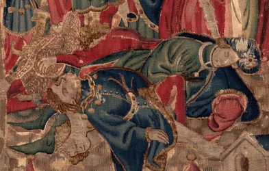 Historien om Saint Piat og Saint Eleuthère, Scene 14: Pesten knuser byen Tournai. Detalje.
