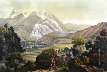 Humboldt og Bonpland krydser Quindiu-bjerget på bærestole. Fra turen til Andesbjergene af Alexander Von Humboldt (Alexandre de Humboldt