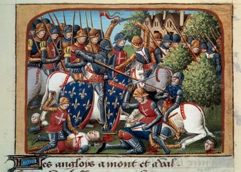 Hundredårskrig: slaget ved Formigny (Calvados) den 15/04/1450 mellem den engelske hær af Thomas Kyriell og Jean de Clermont. Miniature belyst fra manuskriptet "" Vigiles du roi Charles VII"" i Jean Chartiers krøniker, redigeret af Mar