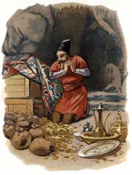 Illustration til fortællingerne om de tusinde og en nat. Ali Baba (Ali-Baba) går ind i klippen og siger: Sesam åbner dig og ser guldtønder. Kromolitografi omkring 1890.