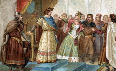 I 1274 blev Dronning Mary af Brabant falsk anklaget af den store kammerherre Pierre de la Broce (Pierre de Brush) for døden af den unge prins Ludvig af Frankrig, lyskens søn af Philip III og Isabella af Aragon. Kromolitografi i slutningen af det 19. århund