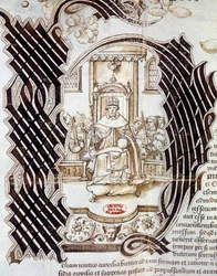 I 1522 underskrev Charles V med kong Henry VIII af England (1491-1547) Windsor-traktaten, der forudsagde en invasion af Frankrig Miniature ud fra et manuskript, der forestiller Henry VIII. 1532 Paris, Rigsarkivet