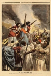 På Madagaskar prædiker den kongelige prinsesse (dronningens søster og tante) den hellige krig mod Frankrig. Indgravering i "" Le petit journal"" 9/09/1894. Selvas samling.