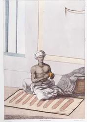 Indisk kultur, civilisation og samfund: musiker med traditionel indisk percussion. Stik fra 1808.