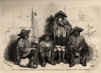 Indianere fra Cuzco (Peru), vetus fra mantaen, sandaler og traditionel sombrero, ansat som arbejdskraft til udnyttelse af guanoforekomster på Chincha-øerne, og drak shisha, men gæret brandy. Gravering til illustration af Les iles Chincha, rettet af L.Simo