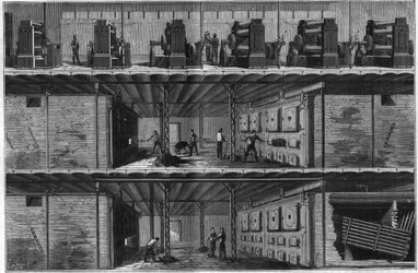 Installation af kedler og dampdynamoer på Central Electricite Distribution Station (Edison System) i New York i 1884.