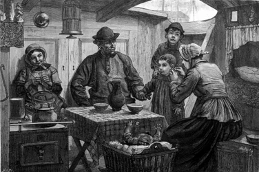 Interiør af en flodbåd på Lys. 1800-tals illustration