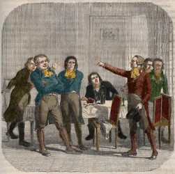 Interview mellem Jean-Paul (Jean Paul) Marat (1743-1793), Maximilien de Robespierre (1758-1794) og Georges Jacques Danton (1759-1794) den 28. juni 1793 i en parisisk cafe på Rue du Paon. Indgravering i ""Frankrigs Illustrerede Nationalhistorie"". 19. århun