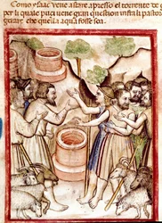 Isaac graver brønde i Guerar-dalen, og hyrderne i dalen søger ham skændes Miniature taget fra codex 212 (eller padovano codice eller Bible of Padua) 1390-1400 Rovigo, Accademia dei Concordi