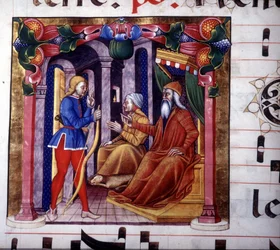Isak inviterer Esau til at jage. 15. århundredes manuskript. 15. århundredes antifonik. Bibliotek i Lodi