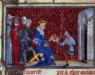 Jacques Bauchant præsenterer sin bog for kong Charles V (1338-1380) Miniature taget fra "" Guds veje og visioner af Saint Elisabeth von Schonau (1128-1164) "" af Jacques Bauchant af Saint Quentin (? -1396), Paris, B.N.