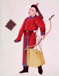 Japansk kejsers jagtdragt. Han er bevæbnet med bue og pile. Akvarel af det 18. århundrede Venedig, Biblioteca Marciana