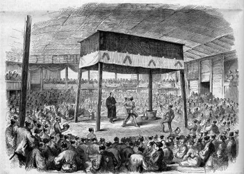 Japansk wrestler kæmper Sumo i Osaka, Japan. Fra en tegning af C. Wirgman. Indgravering i ""Det illustere univers""