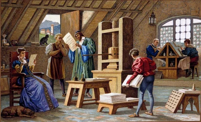 Johannes Gensfleisch Gutenberg (1400-1468), opfinder af bogtrykkerkunsten (1438). Kromolitografi fra 19. århundrede.