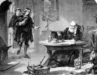 John Milton, engelsk digter og essayist (1608 - 1674) besøgte Galileo Galilei (Galileo) (1564 - 1642) i hans celle under Firenze-inkvisitionen. Gravering. 1860 ca.