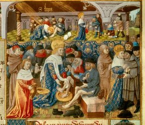 Kong Louis IX (1214-1270) (Saint Louis), der vasker fødderne af de fattige og scener i kristen velgørenhed fra King Miniature hentet fra et manuskript “The Book of Facts of Monsignor Saint Louis” ”” 15. århundrede. Paris, B.N.