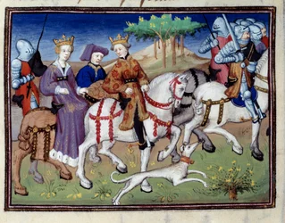 Kong Philip VI af Valois og den hvide dronning af Navarra (?) Starter på jagt Miniature taget fra "" Jagtens bog""" af Gaston III Phoebus, greve af Foix, Lord of Bearn (1331-1391)