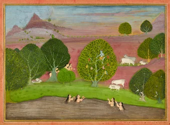 Krishna stjæler gopiernes tøj, folio fra en <em>Bhagavata Purana</em>