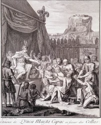 Inca Mayta Capac til fordel for Collas - i ""Historisk rejse i Sydamerika lavet på ordre fra kongen af ​​Spanien"" af Don Georges Juan & Don Antoine de Ulloa, T.II, red. Jombert, King