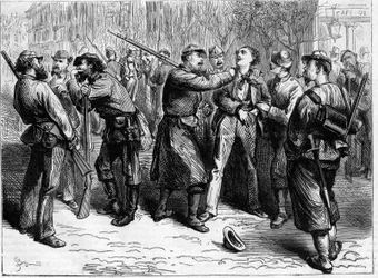 La Commune de Paris i 1871. Anholdelse af en refraktær af en flok federes.