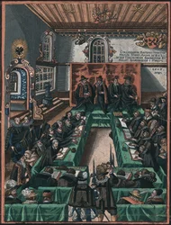 La conference religieuse de Ratisbonne en 1601 - The Regensburg Religious Colloquy of 1601, Anonymous . Kobberstik, akvarel, ca. 1605. Historisches Museum der Stadt Regensburg