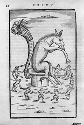 Æsel Timon får alkymisterne til at danse - ""De Transmutatione Metallica Sogni Tre"", af Giovanni Battista Nazari, redigeret i Brescia i 1599.