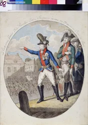 Marskal Alexandre Alexandre Souwaroff (Souvaroff eller Souvarov eller Alexander Souvorov) (1729-1800) inspicerede tropperne foran kurfyrsten for Palads i Sachsen, Warszawa, i 1794 under Kosciuszko-opstanden. (Feltmarskal Alexandr Suvorov inspec