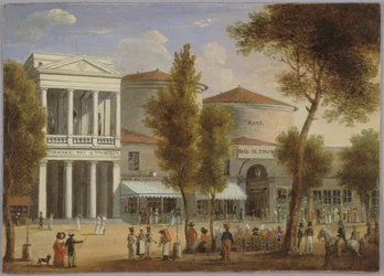 Le théâtre des Variétés et le passage des Panoramas, boulevard Montmartre, ca. 1825, ca. 1825 (olie på kort)