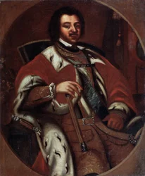 Den russiske kejser Peter I (den Store) (1672-1725) på sin trone (kejser Peter I på tronen). Anonymt maleri. Olie på lærred, begyndelsen af ​​1700-tallet. Statens kunstmuseum, Yaroslavi (Rusland).