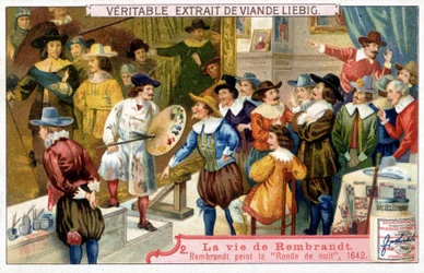 Liebig-kromolitografi om Rembrandts liv (1606 - 1669), hollandsk maler. Her natten rundt i 1642.