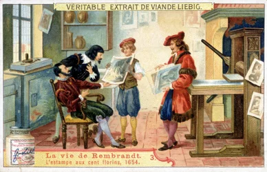 Liebig-kromolitografi om Rembrandts liv (1606 - 1669) hollandsk maler. Dette er trykket på 100 gylden i 1654.