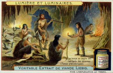 Lys og lysarmaturer: hulens lerlampe i forhistorisk tid. Illustration på Liebig emballeges.
