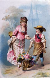 Lille gartner: en ung dreng med en trillebør fuld af blomster taler med en ung kvinde på vej til en landsby. kromolitografi 1880.