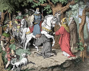 Liudolf (Liudolf, hertug af Schwaben) (930-957) beder om tilgivelse fra sin far Otton I af Det Hellige Rige (Otto I, Hellig Romerske Kejser)