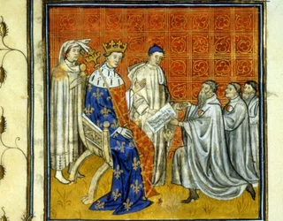 Ludvig X (1289 - 1316) giver et charter til kongerigets jøder - Forløsning af jøderne, i 1315, af deres ret til at vende tilbage til kongeriget Frankrig efter udvisningen af 1308 af Filip Bel. De kan identificeres ved det hvide og røde hjul. Illumina