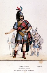 Macbeth-karakter i et krigerkostume i operaen af samme navn af Giuseppe Verdi (1813 - 1901) efter William Shakespeares arbejde. 1847. Stik.