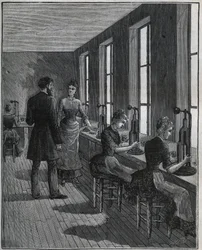 Fremstilling af metalfjer: decoupageværksted i Frankrig i det 19. århundrede. Indgravering fra 1885 i "" Les arts et metiers illustres"" af Adolphe BITARD.