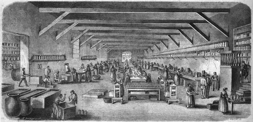 Fremstilling af sennep og dåsemad hos Louit freres i bordeaux. Flasker og pakkerum. Stik fra 1865.